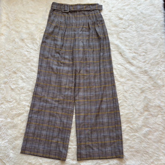 a new day Pants - A New Day Yellow & Brown Plaid High Rise Belted Wide Leg Trouser Pants Womens 2